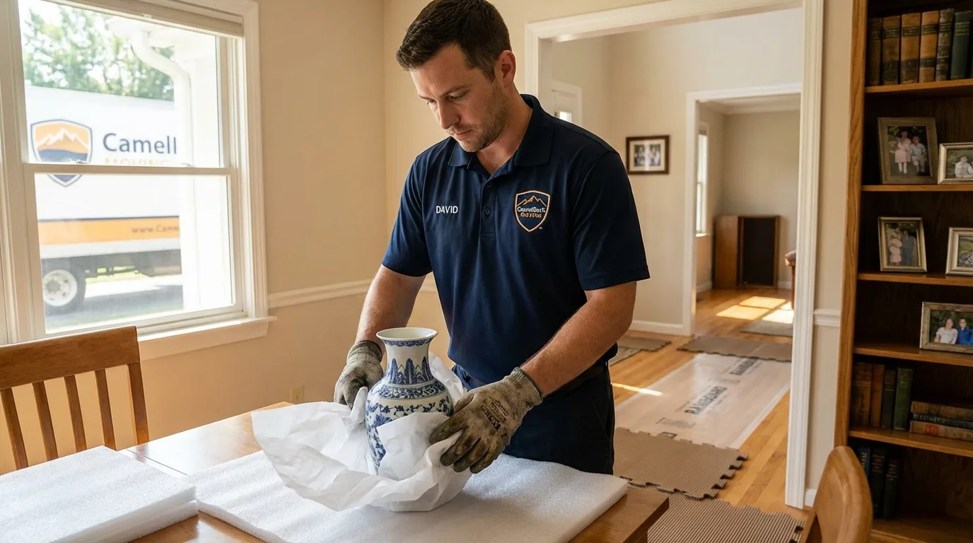Professional crew carefully wrapping antique vase for senior downsizing move in Vidalia, GA